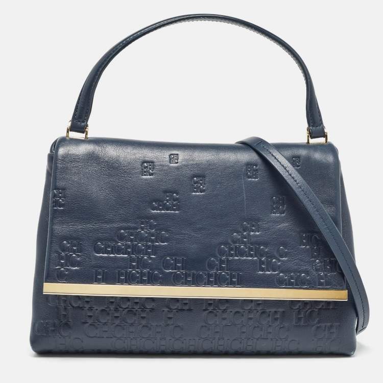 Pre Owned CH Carolina Herrera Navy Blue Monogram Embossed Leather Flap Top Handle Bag