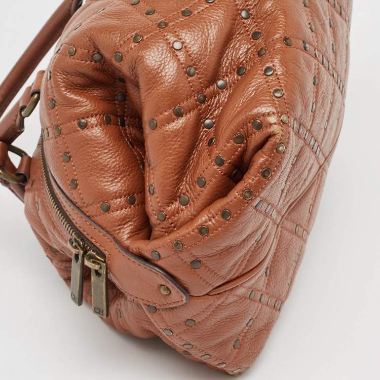 Pre Owned CH Carolina Herrera Brown Quilted Leather Rivet Satchel