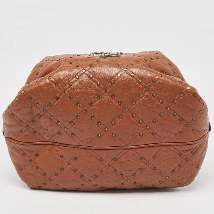 Pre Owned CH Carolina Herrera Brown Quilted Leather Rivet Satchel