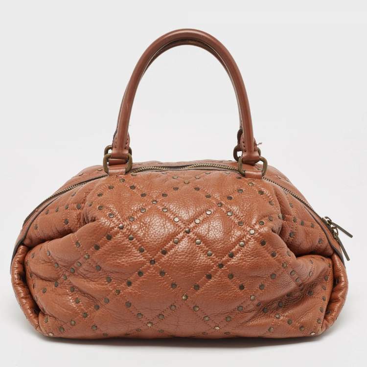 Pre Owned CH Carolina Herrera Brown Quilted Leather Rivet Satchel