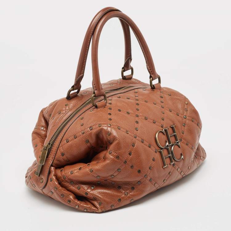 Pre Owned CH Carolina Herrera Brown Quilted Leather Rivet Satchel