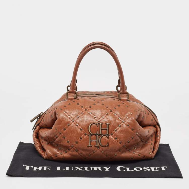 Pre Owned CH Carolina Herrera Brown Quilted Leather Rivet Satchel