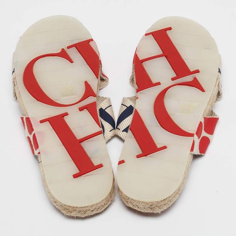 Pre Owned CH Carolina Herrera  Multicolor Canvas Crisscross Flat Slides Size 39   