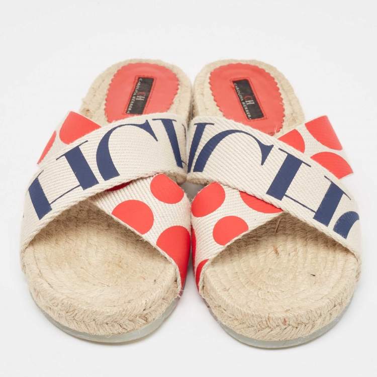 Pre Owned CH Carolina Herrera Tricolor Canvas Crisscross Espadrille Slides Size 39