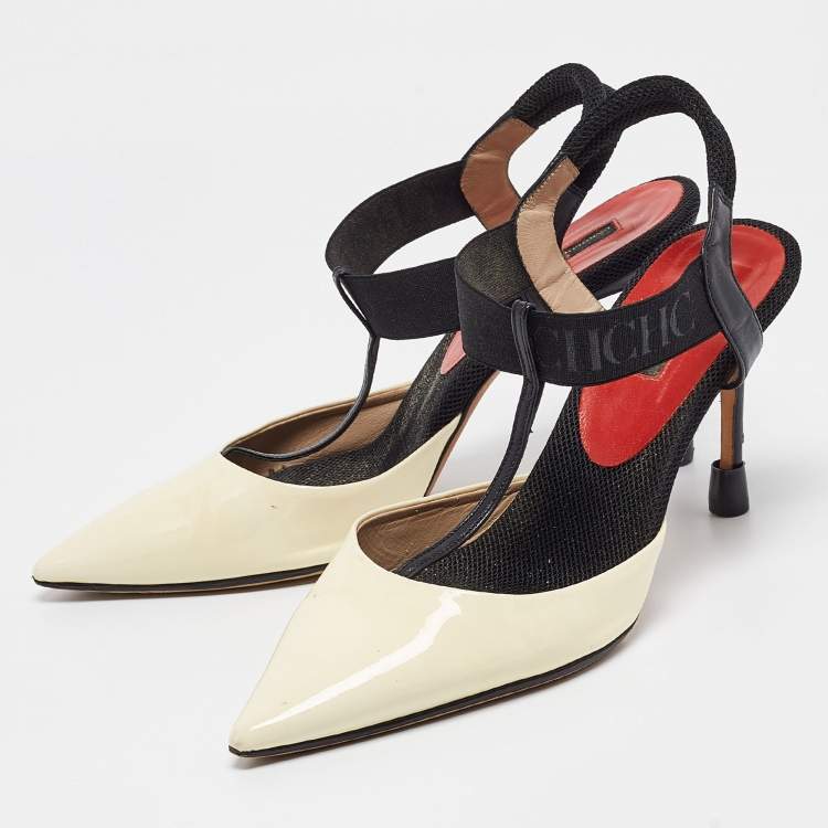 Pre Owned CH Carolina Herrera Cream/Black Patent and Leather Slingback Pumps Size 40