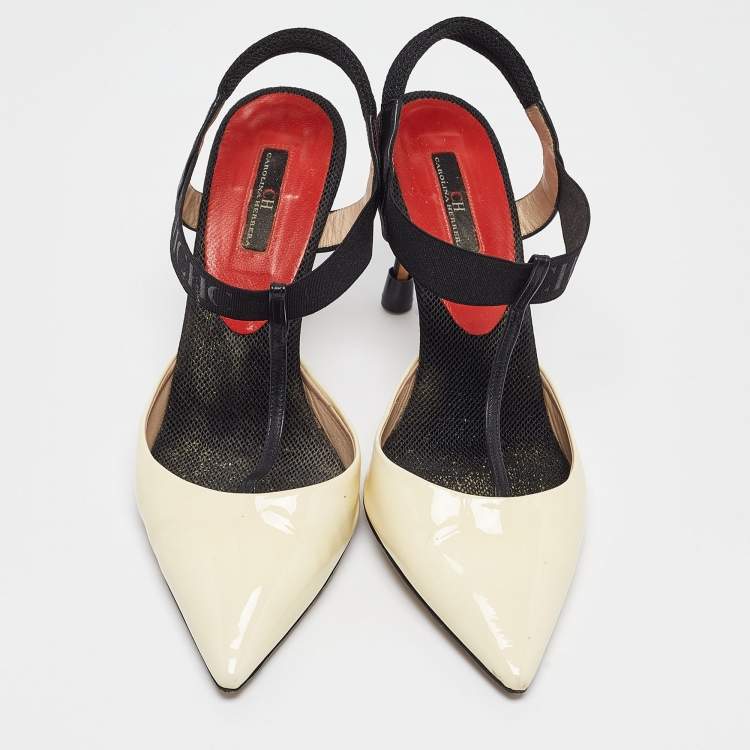 Pre Owned CH Carolina Herrera Cream/Black Patent and Leather Slingback Pumps Size 40