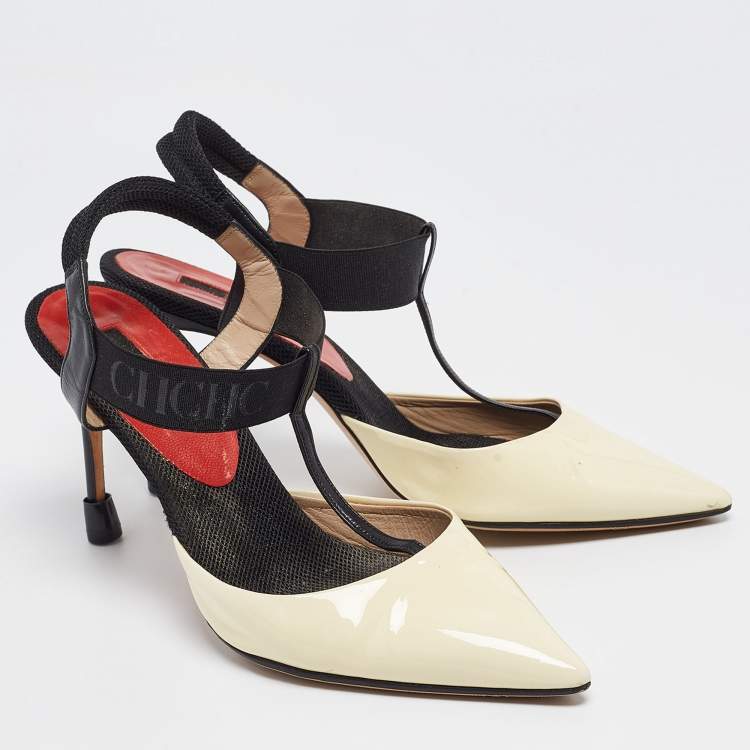 Pre Owned CH Carolina Herrera Cream/Black Patent and Leather Slingback Pumps Size 40
