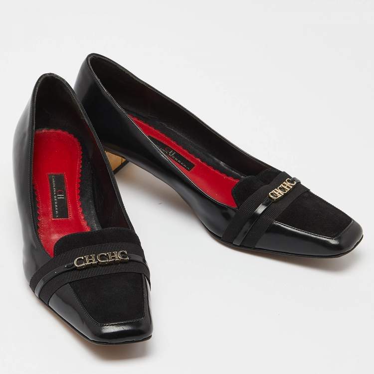 Pre Owned CH Carolina Herrera Black Suede & Leather Block Heel Loafer Pumps Size 38