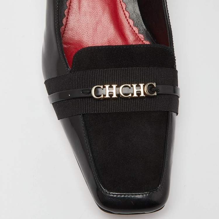 Pre Owned CH Carolina Herrera Black Suede & Leather Block Heel Loafer Pumps Size 38