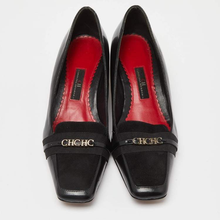 Pre Owned CH Carolina Herrera Black Suede & Leather Block Heel Loafer Pumps Size 38