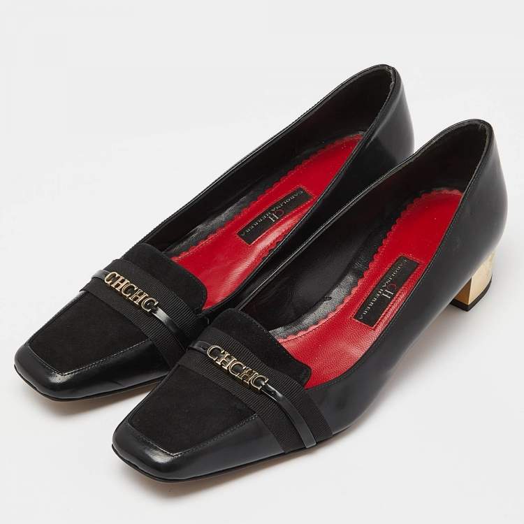 Pre Owned CH Carolina Herrera Black Suede & Leather Block Heel Loafer Pumps Size 38