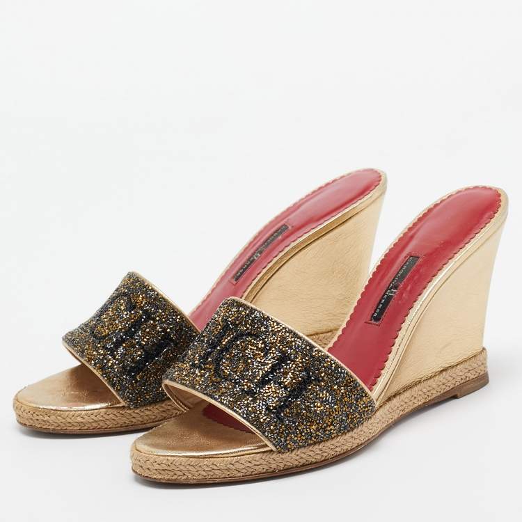 Pre Owned CH Carolina Herrera Metallic Glitter and Leather  Wedge Espadrille Slide Sandals Size 39