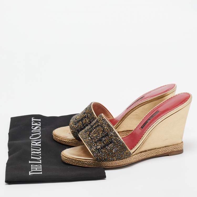 Pre Owned CH Carolina Herrera Metallic Glitter and Leather  Wedge Espadrille Slide Sandals Size 39