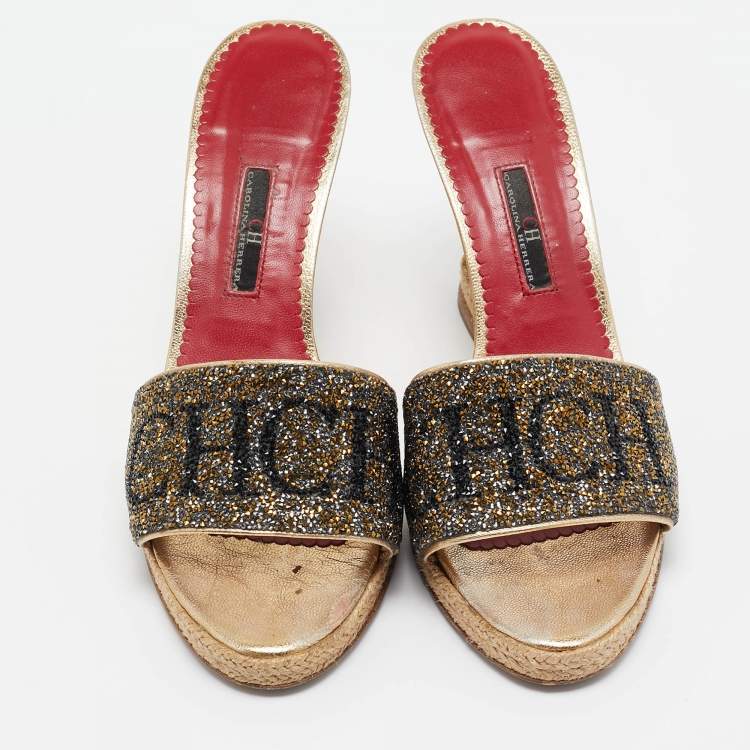 Pre Owned CH Carolina Herrera Metallic Glitter and Leather  Wedge Espadrille Slide Sandals Size 39