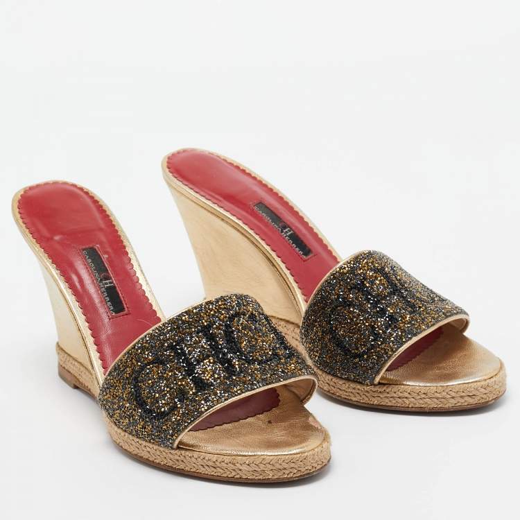 Pre Owned CH Carolina Herrera Metallic Glitter and Leather  Wedge Espadrille Slide Sandals Size 39