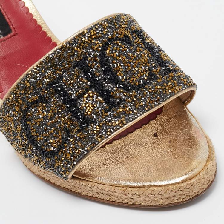 Pre Owned CH Carolina Herrera Metallic Glitter and Leather  Wedge Espadrille Slide Sandals Size 39