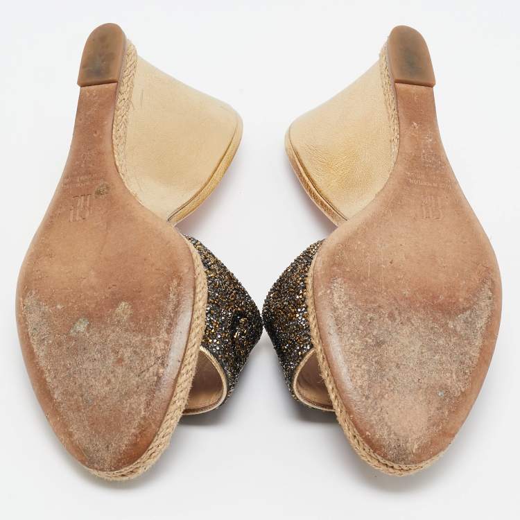 Pre Owned CH Carolina Herrera Metallic Glitter and Leather  Wedge Espadrille Slide Sandals Size 39