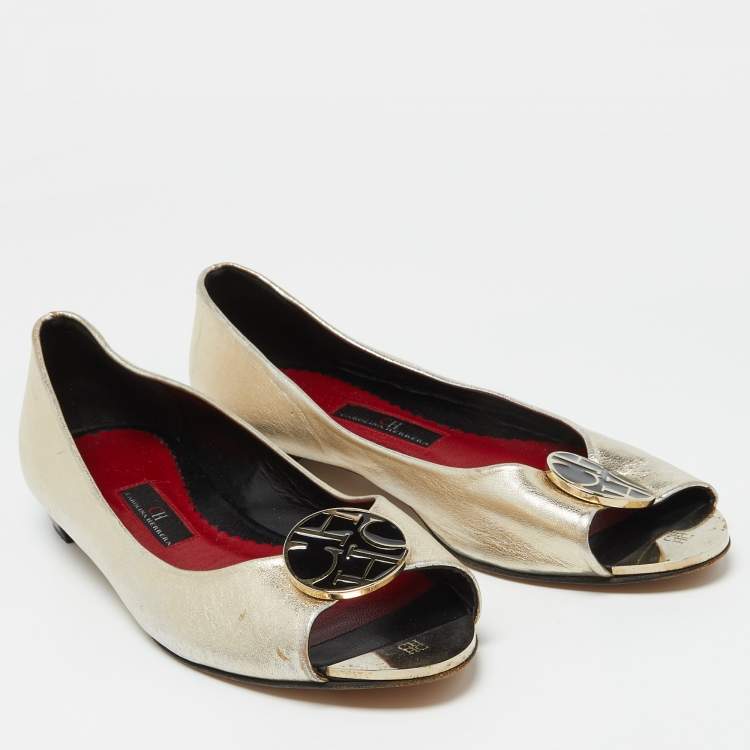 Pre Owned CH Carolina Herrera Gold Leather Logo Peep-Toe Ballet Flats Size 38