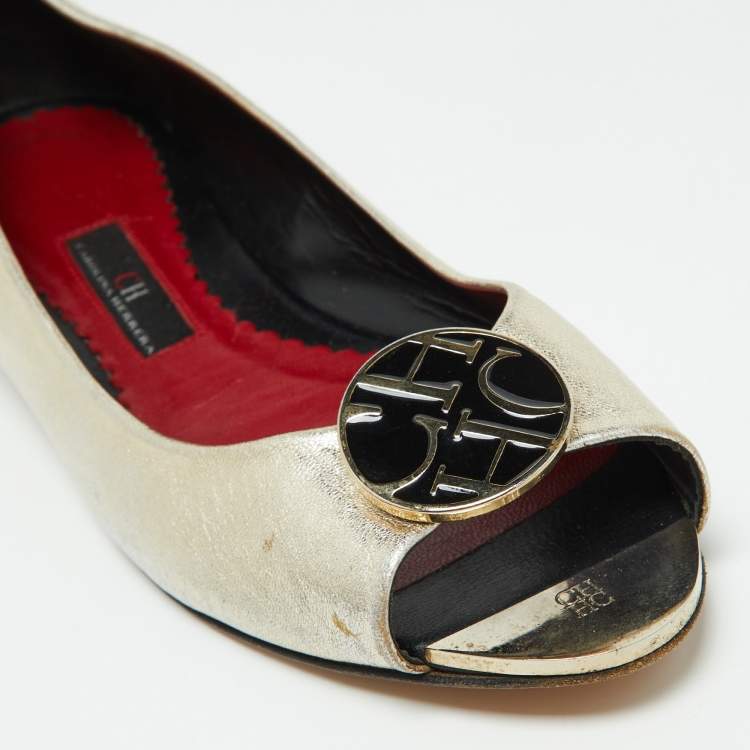 Pre Owned CH Carolina Herrera Gold Leather Logo Peep-Toe Ballet Flats Size 38