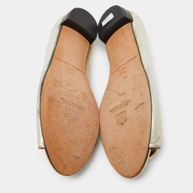 Pre Owned CH Carolina Herrera Gold Leather Logo Peep-Toe Ballet Flats Size 38