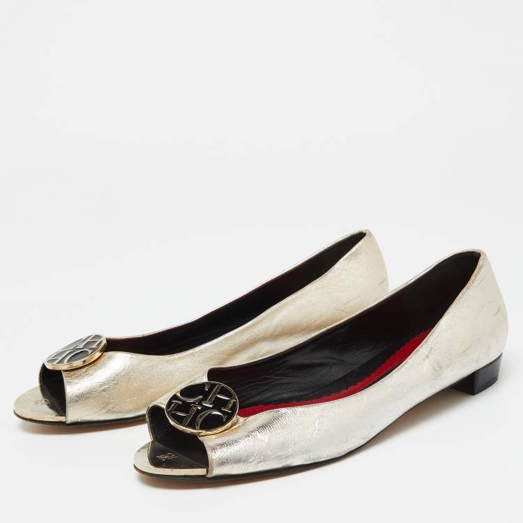 Pre Owned CH Carolina Herrera Gold Leather Logo Peep-Toe Ballet Flats Size 38