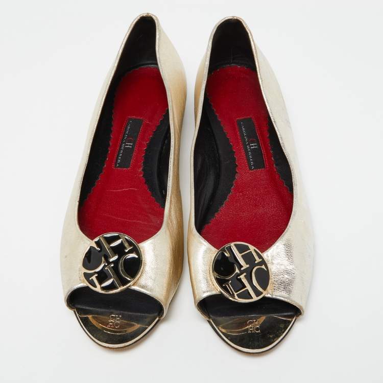 Pre Owned CH Carolina Herrera Gold Leather Logo Peep-Toe Ballet Flats Size 38
