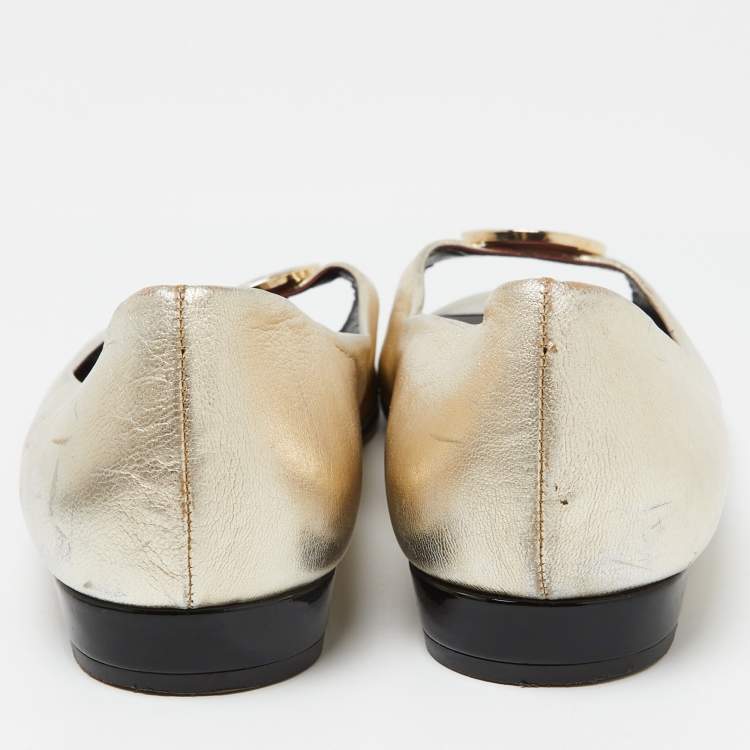 Pre Owned CH Carolina Herrera Gold Leather Logo Peep-Toe Ballet Flats Size 38