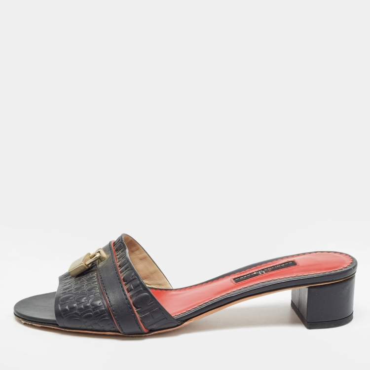 Pre Owned CH Carolina Herrera Black Monogram Embossed Leather Matryoshka Locked Slide Sandals Size 38
