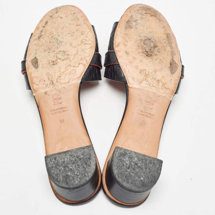 Pre Owned CH Carolina Herrera Black Monogram Embossed Leather Matryoshka Locked Slide Sandals Size 38