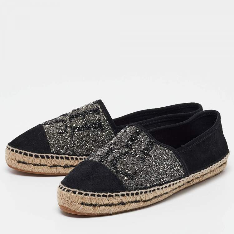Pre Owned CH Carolina Herrera Black Suede Crystal Embellished Espadrille Flats Size 38