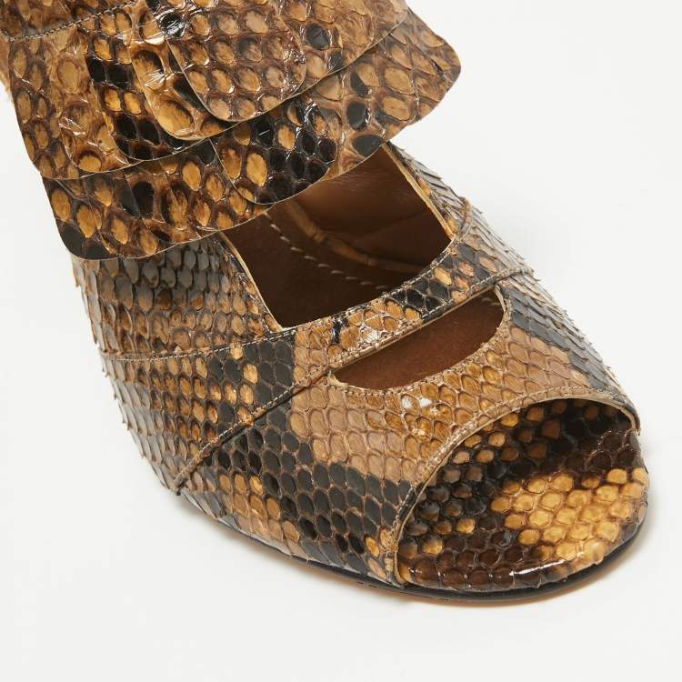 Pre Owned CH Carolina Herrera Brown/Black Python Fringe Detail Ankle Strap Sandals Size 39