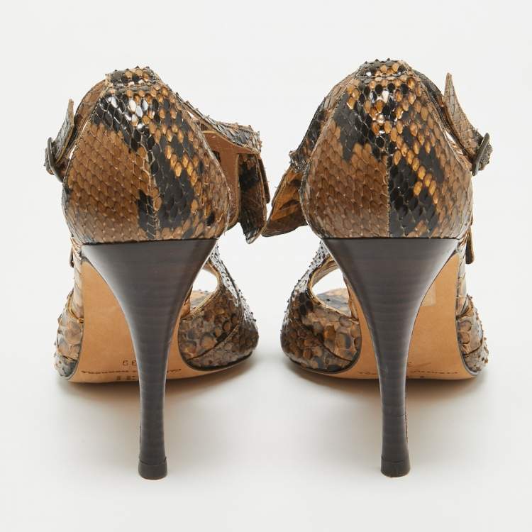 Pre Owned CH Carolina Herrera Brown/Black Python Fringe Detail Ankle Strap Sandals Size 39