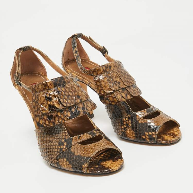 Pre Owned CH Carolina Herrera Brown/Black Python Fringe Detail Ankle Strap Sandals Size 39