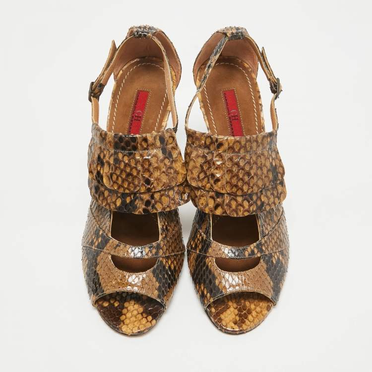 Pre Owned CH Carolina Herrera Brown/Black Python Fringe Detail Ankle Strap Sandals Size 39