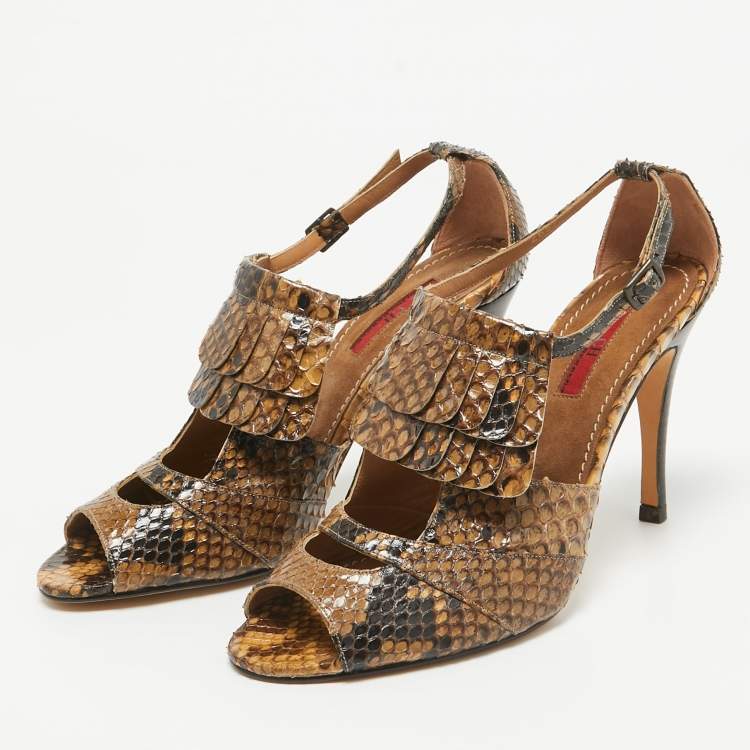 Pre Owned CH Carolina Herrera Brown/Black Python Fringe Detail Ankle Strap Sandals Size 39
