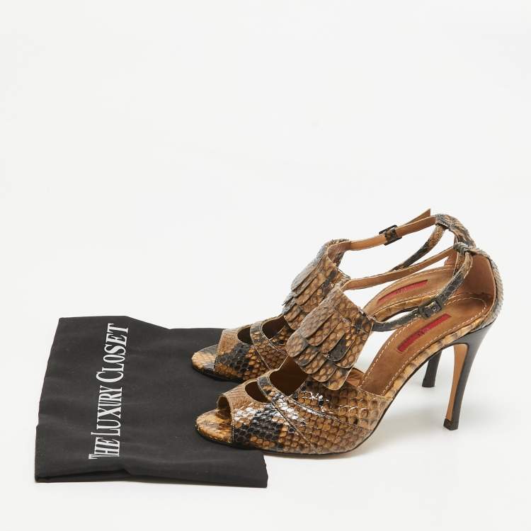 Pre Owned CH Carolina Herrera Brown/Black Python Fringe Detail Ankle Strap Sandals Size 39