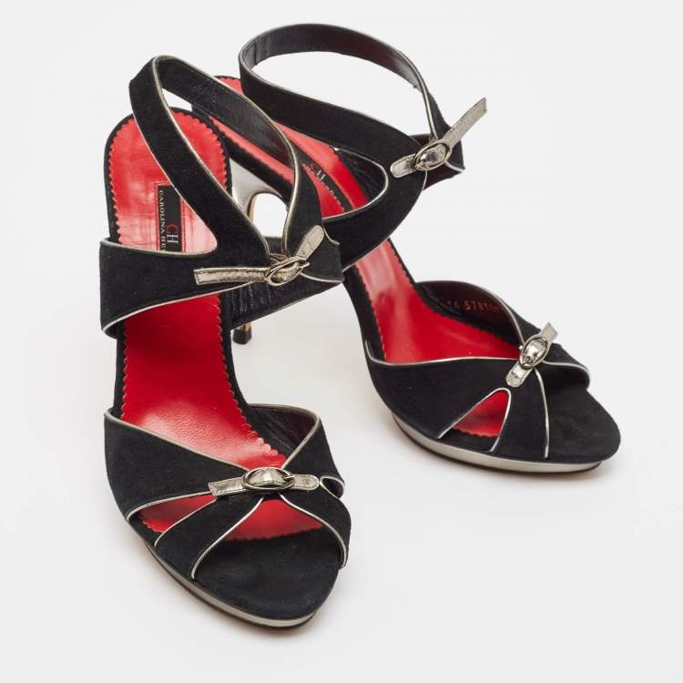 Pre Owned CH Carolina Herrera Black Leather Ankle Strap Sandals Size 40