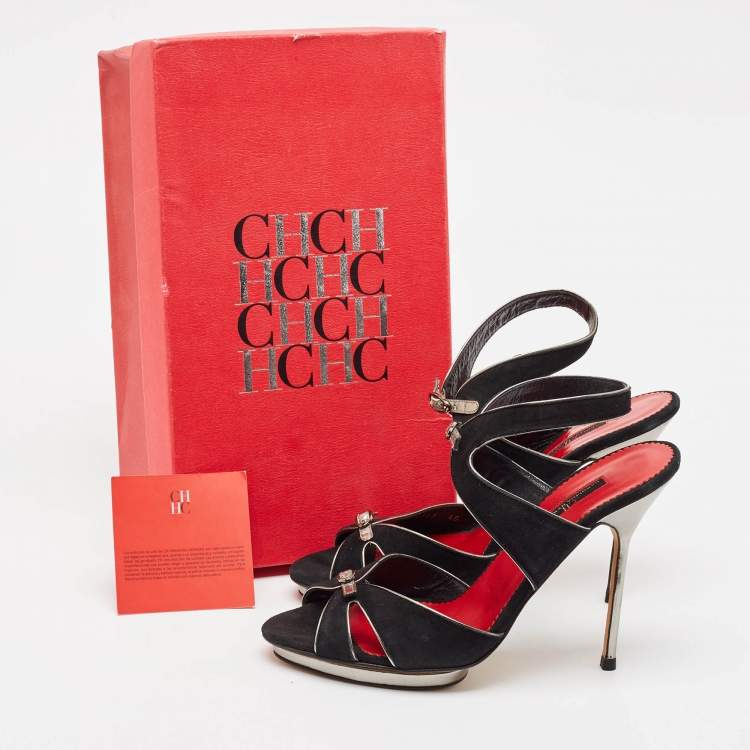Pre Owned CH Carolina Herrera Black Leather Ankle Strap Sandals Size 40