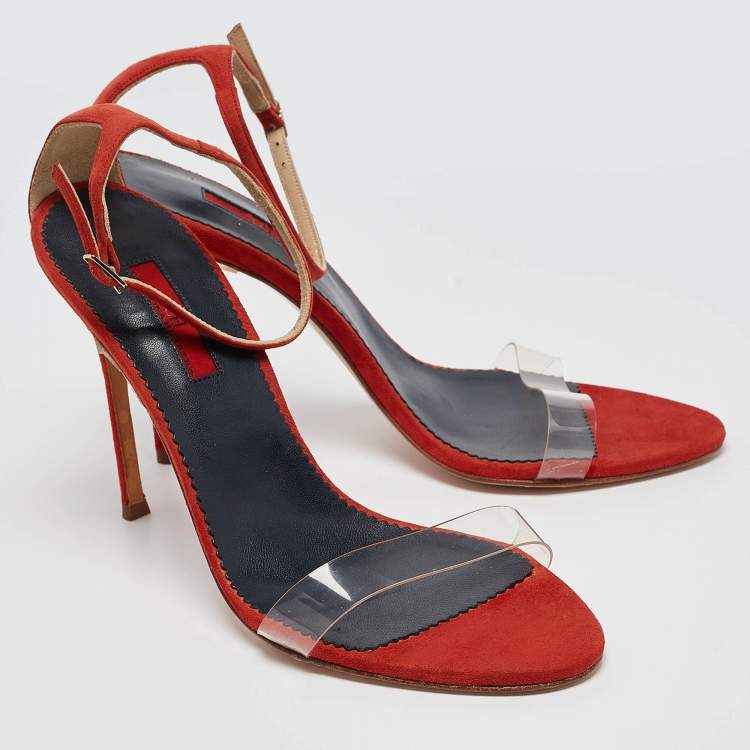 Pre Owned CH Carolina Herrera Red Suede and PVC Ankle Strap Sandals Size 40