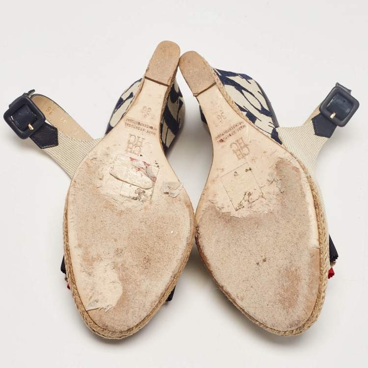 Pre Owned CH Carolina Herrera Two Tone Canvas and Leather Wedge Sandals Size 36