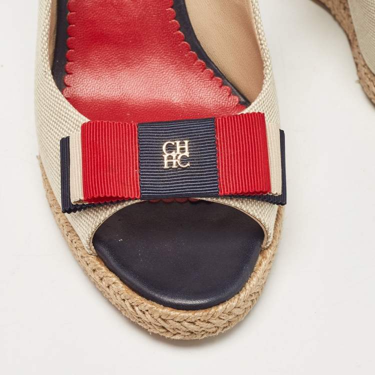 Pre Owned CH Carolina Herrera Two Tone Canvas and Leather Wedge Sandals Size 36