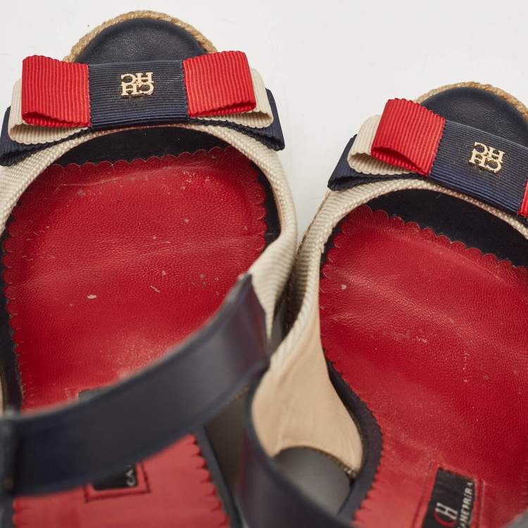 Pre Owned CH Carolina Herrera Two Tone Canvas and Leather Wedge Sandals Size 36