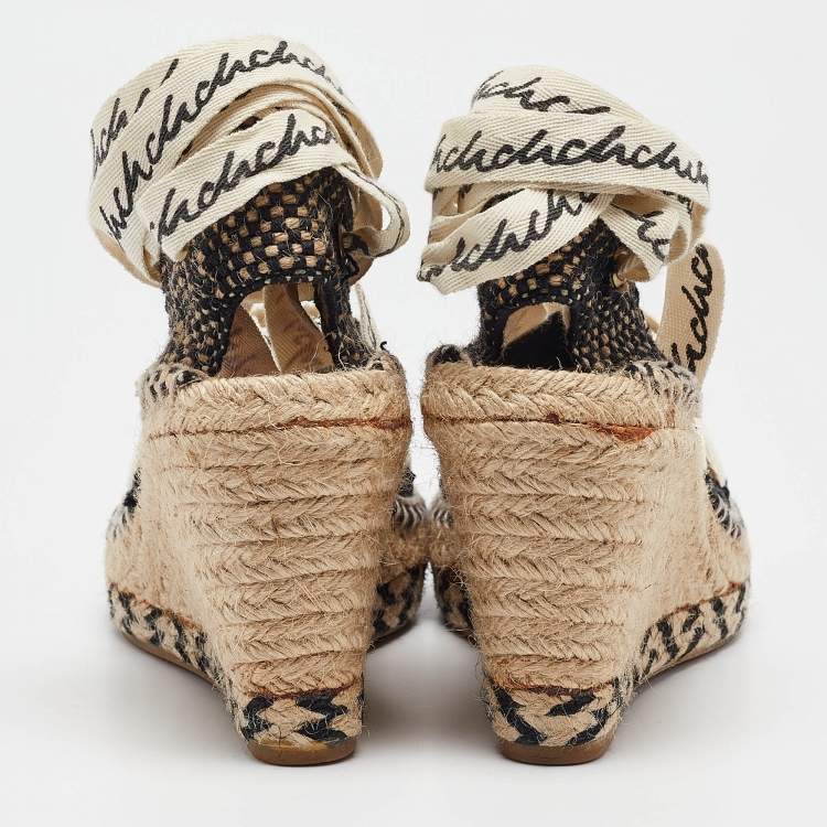 Pre Owned CH Carolina Herrera Black Canvas Wedge Ankle Wrap Espadrilles Size 37