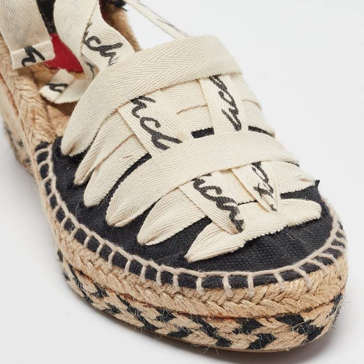 Pre Owned CH Carolina Herrera Black Canvas Wedge Ankle Wrap Espadrilles Size 37