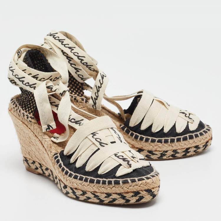 Pre Owned CH Carolina Herrera Black Canvas Wedge Ankle Wrap Espadrilles Size 37