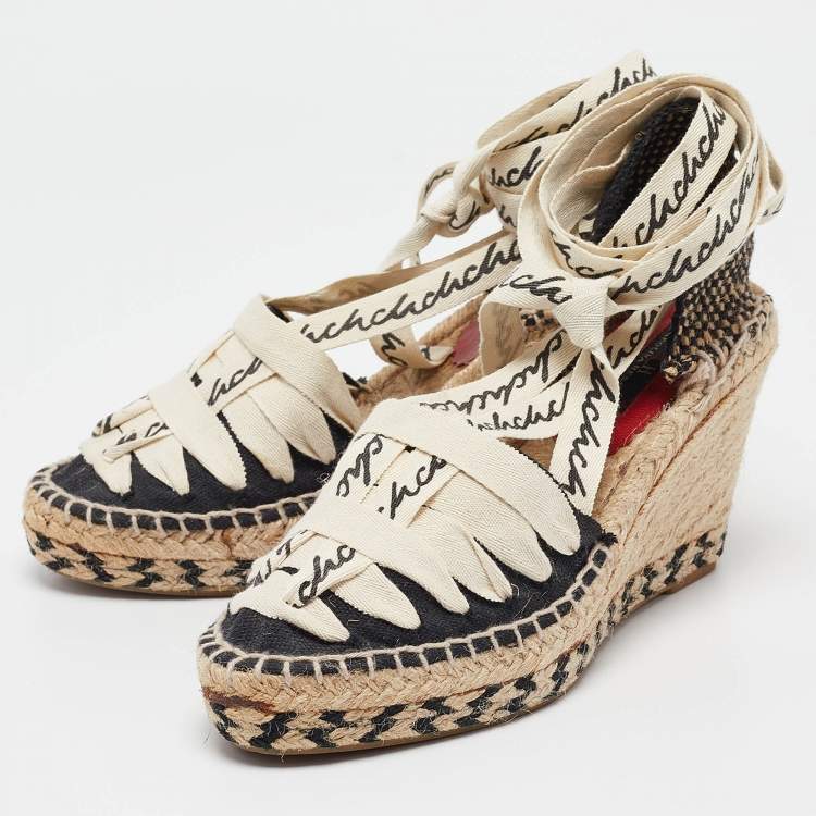 Pre Owned CH Carolina Herrera Black Canvas Wedge Ankle Wrap Espadrilles Size 37