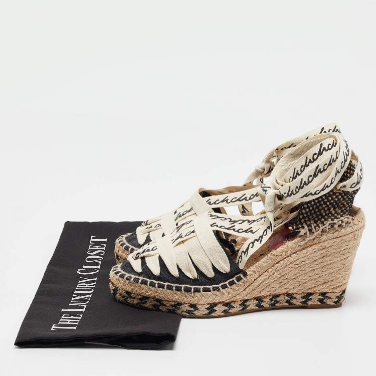 Pre Owned CH Carolina Herrera Black Canvas Wedge Ankle Wrap Espadrilles Size 37
