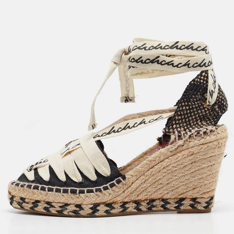 Pre Owned CH Carolina Herrera Black Canvas Wedge Ankle Wrap Espadrilles Size 37