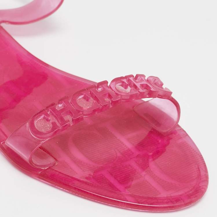 Pre Owned CH Carolina Herrera Pink Jelly Ankle Strap Flat Sandals Size 37
