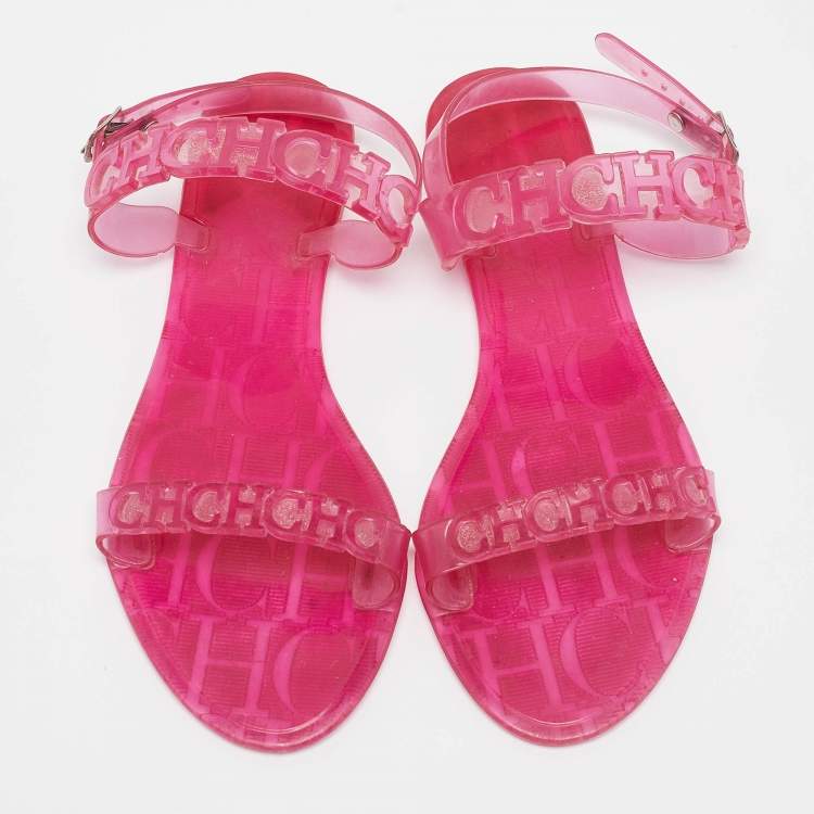 Pre Owned CH Carolina Herrera Pink Jelly Ankle Strap Flat Sandals Size 37